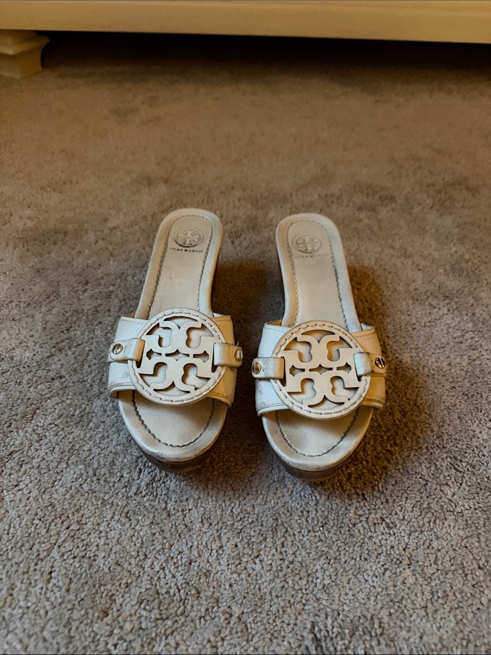 Tory Burch Cream Leather Logo Slide Mules